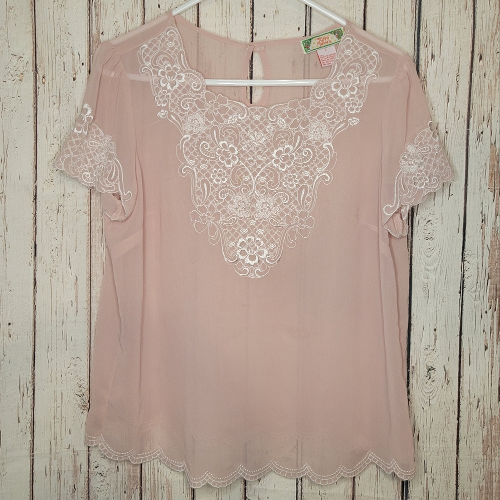 Flying Tomato Blush Pink Sheer Lace Blouse